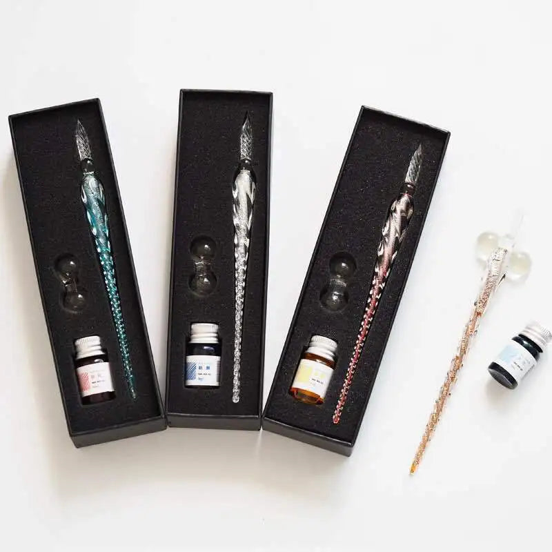Crystal glass dip pen gift set with ink
