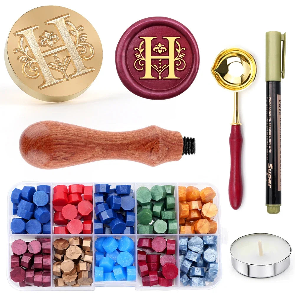 Personalised letter wax seal stamp and melting spoon