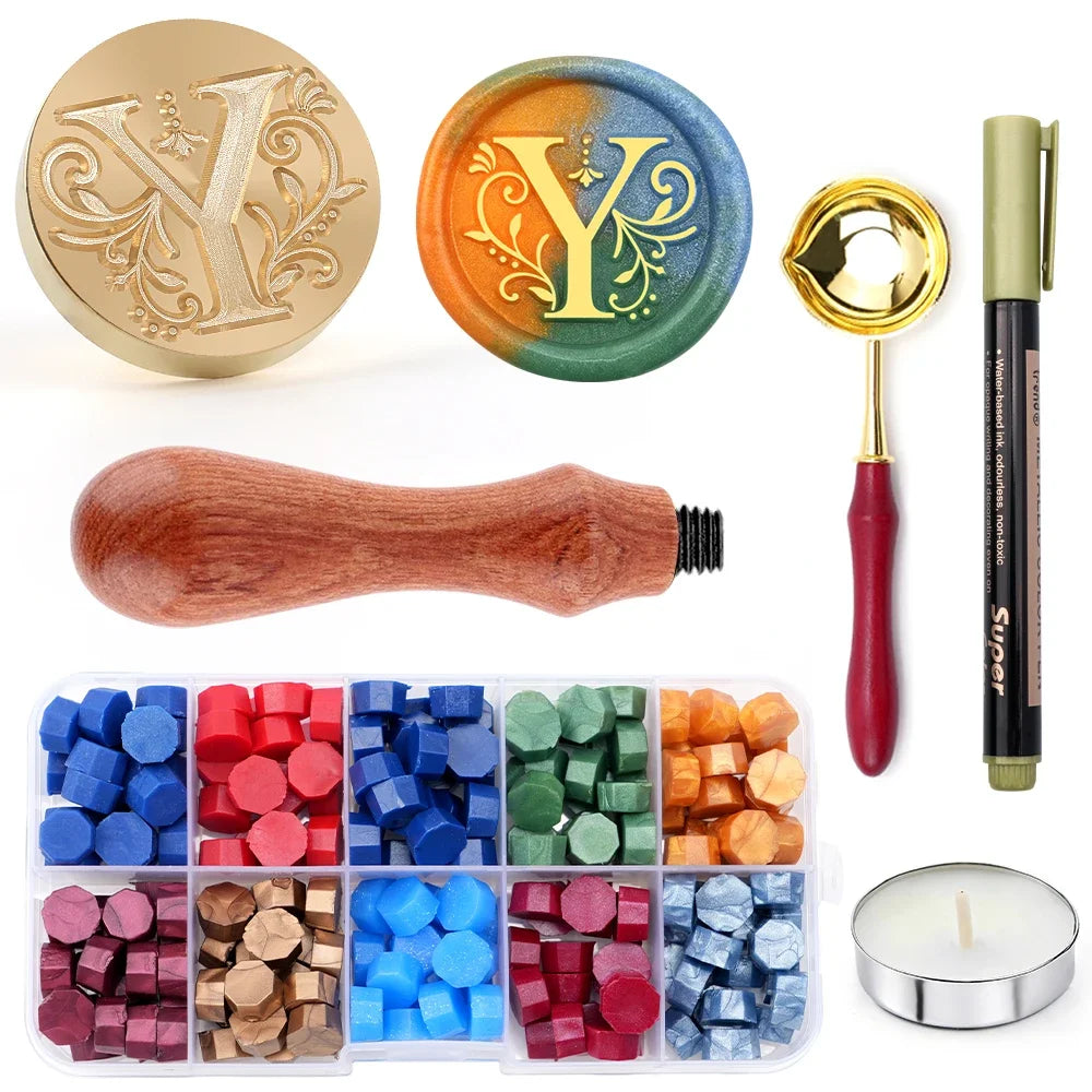 Personalised letter wax seal stamp and melting spoon