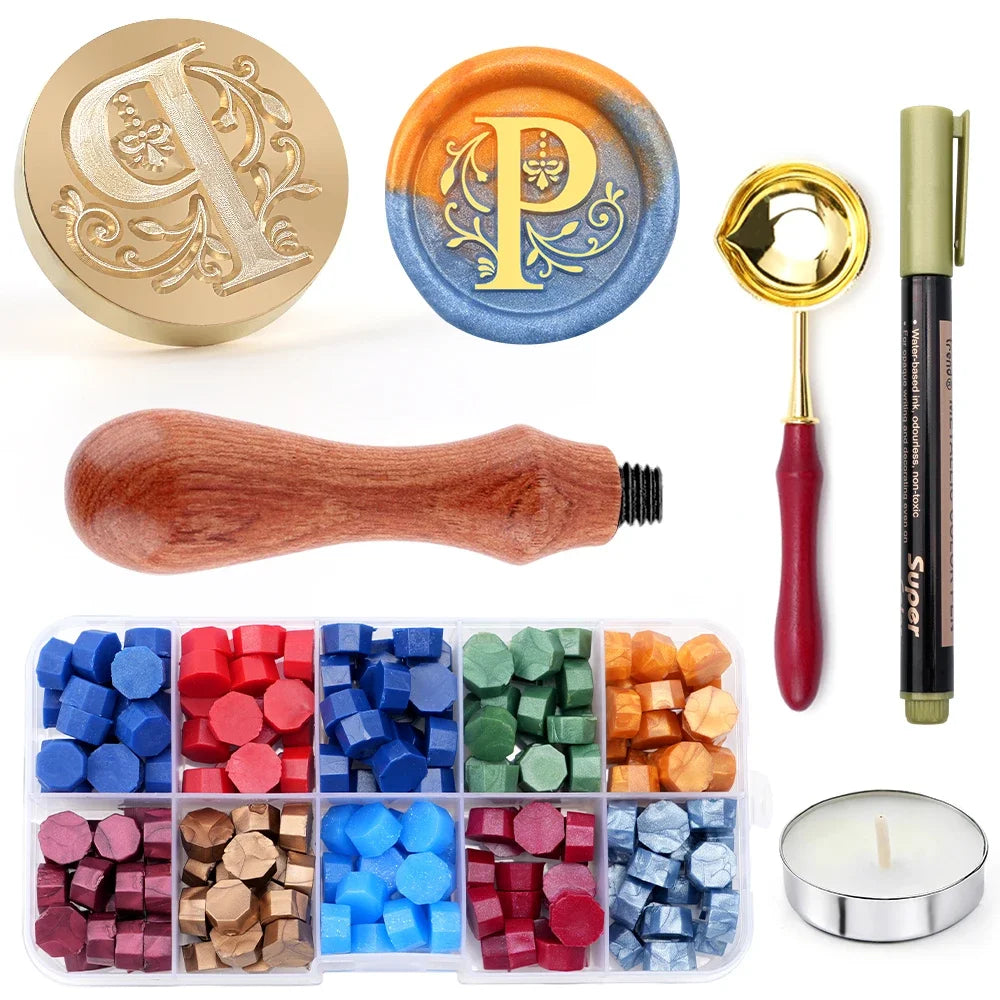 Personalised letter wax seal stamp and melting spoon