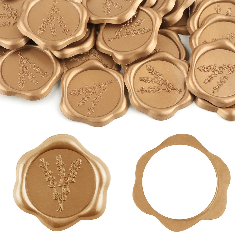 Gold seal sticker on a wedding invitation envelope