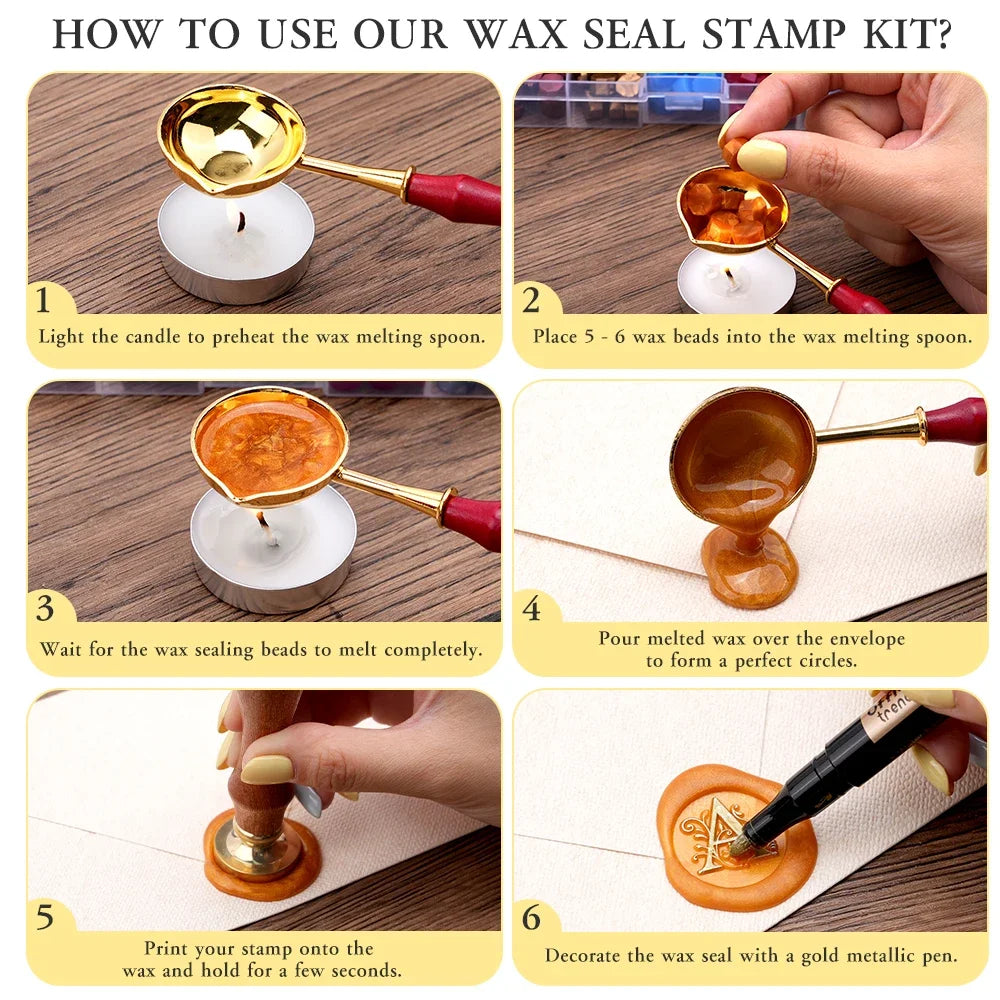 Initial wax seal stamp kit with wax beads