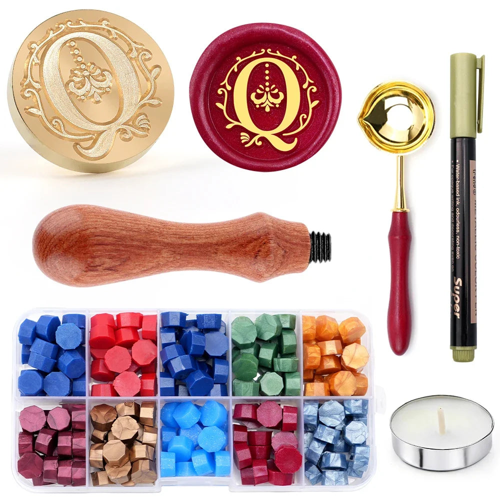 Initial wax seal stamp kit with wax beads