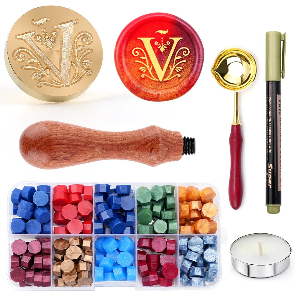 Initial wax seal stamp kit with wax beads