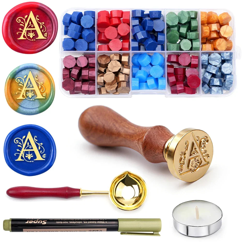 Initial wax seal stamp kit with wax beads