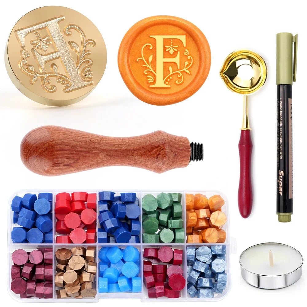 Initial wax seal stamp kit with wax beads