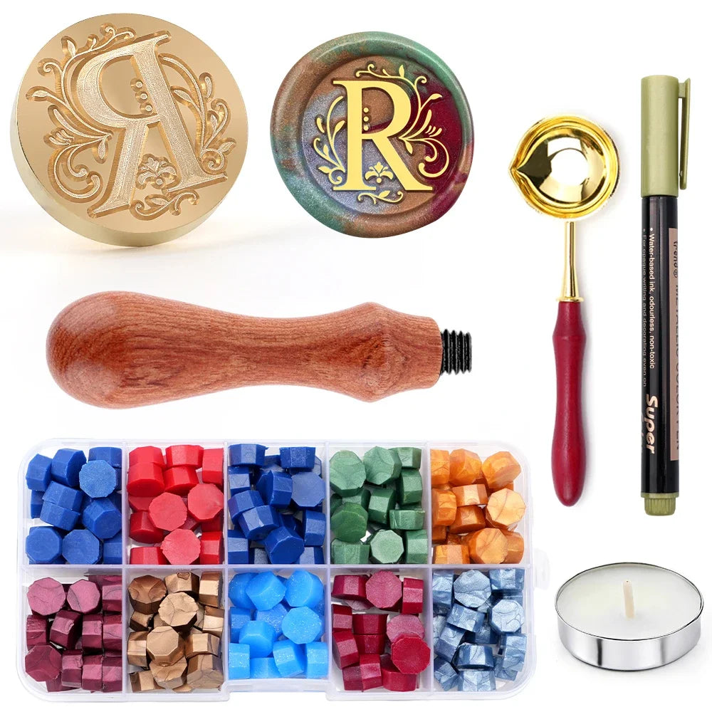 Initial wax seal stamp kit with wax beads