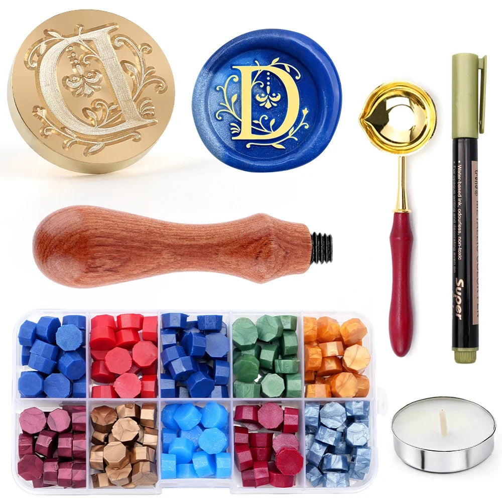 Initial wax seal stamp kit with wax beads