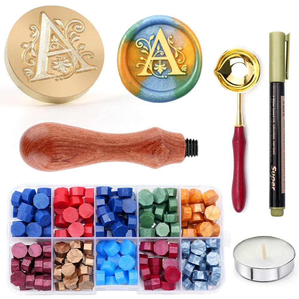 Personalised letter wax seal stamp and melting spoon