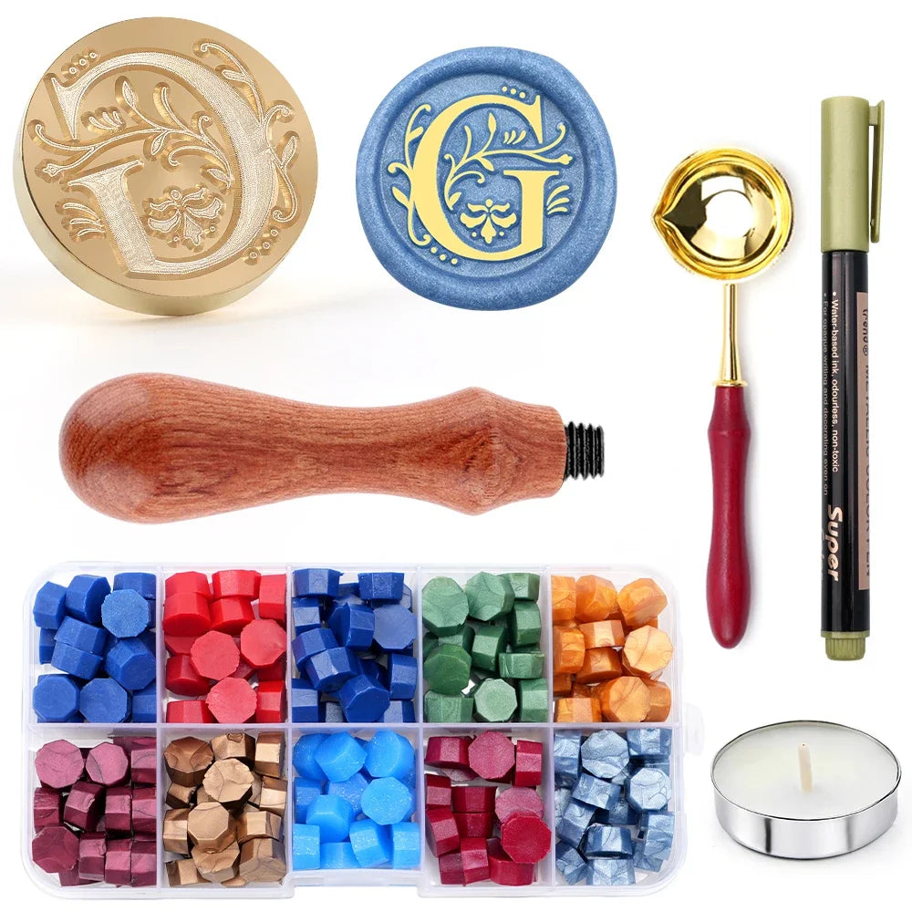 Initial wax seal stamp kit with wax beads