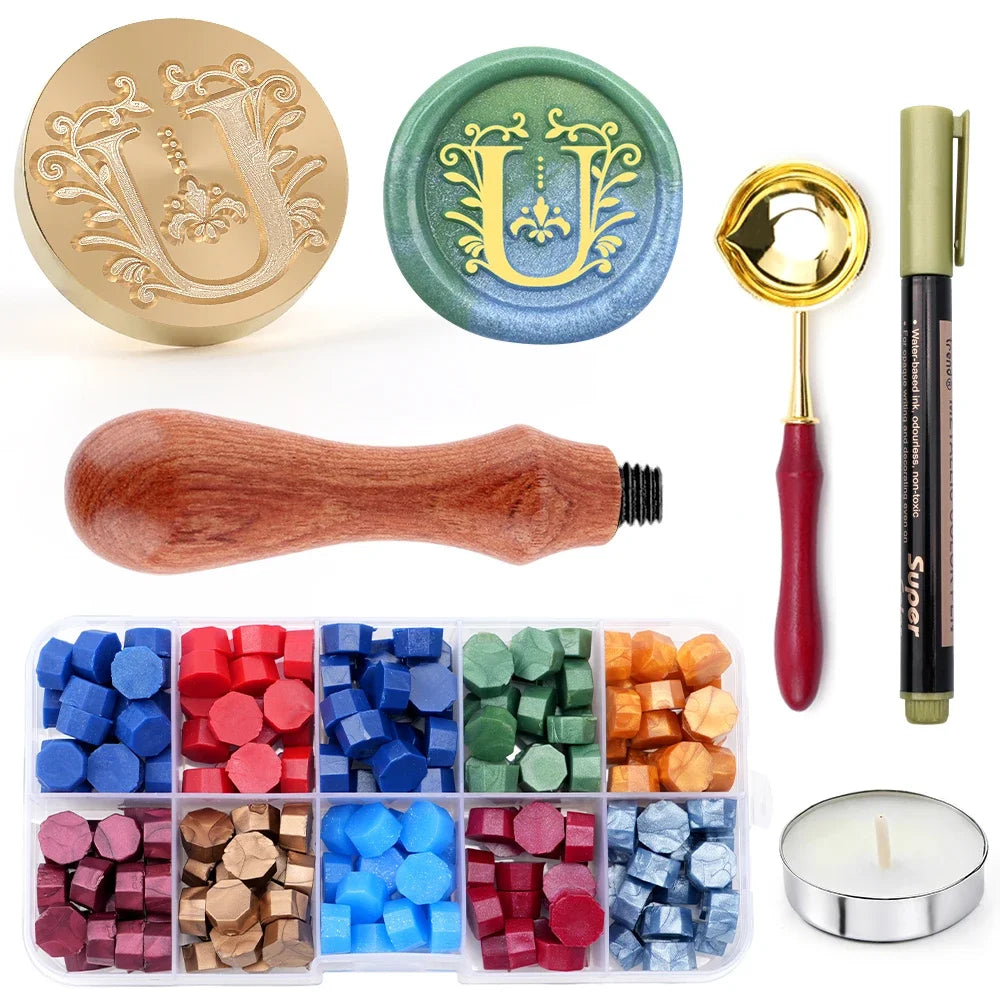 Personalised letter wax seal stamp and melting spoon