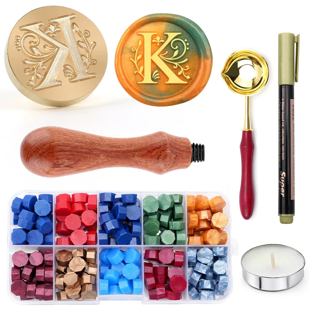 Initial wax seal stamp kit with wax beads